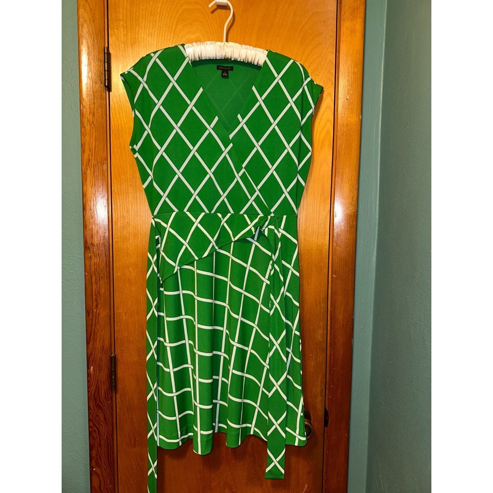 Ann Taylor Faux Wrap Jersey Dress Windowpane‎ Green White Size Small